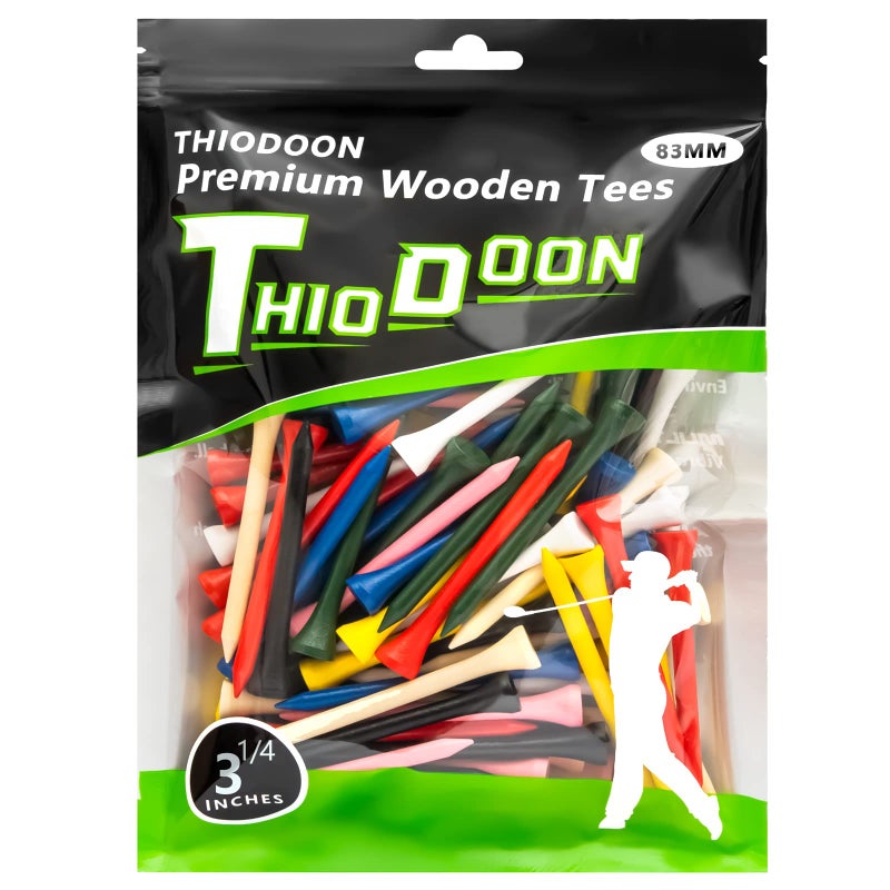 THIODOON Professional Natural Wood Golf Tees - Pack of 100, Multiple Colors & Sizes (3-1/4", "2-3/4", "2-1/8 inch), Tall Tees Reduce Side Spin & Friction - Image 1